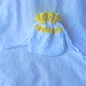 Crochet White and Yellow Drawstring Pouch
